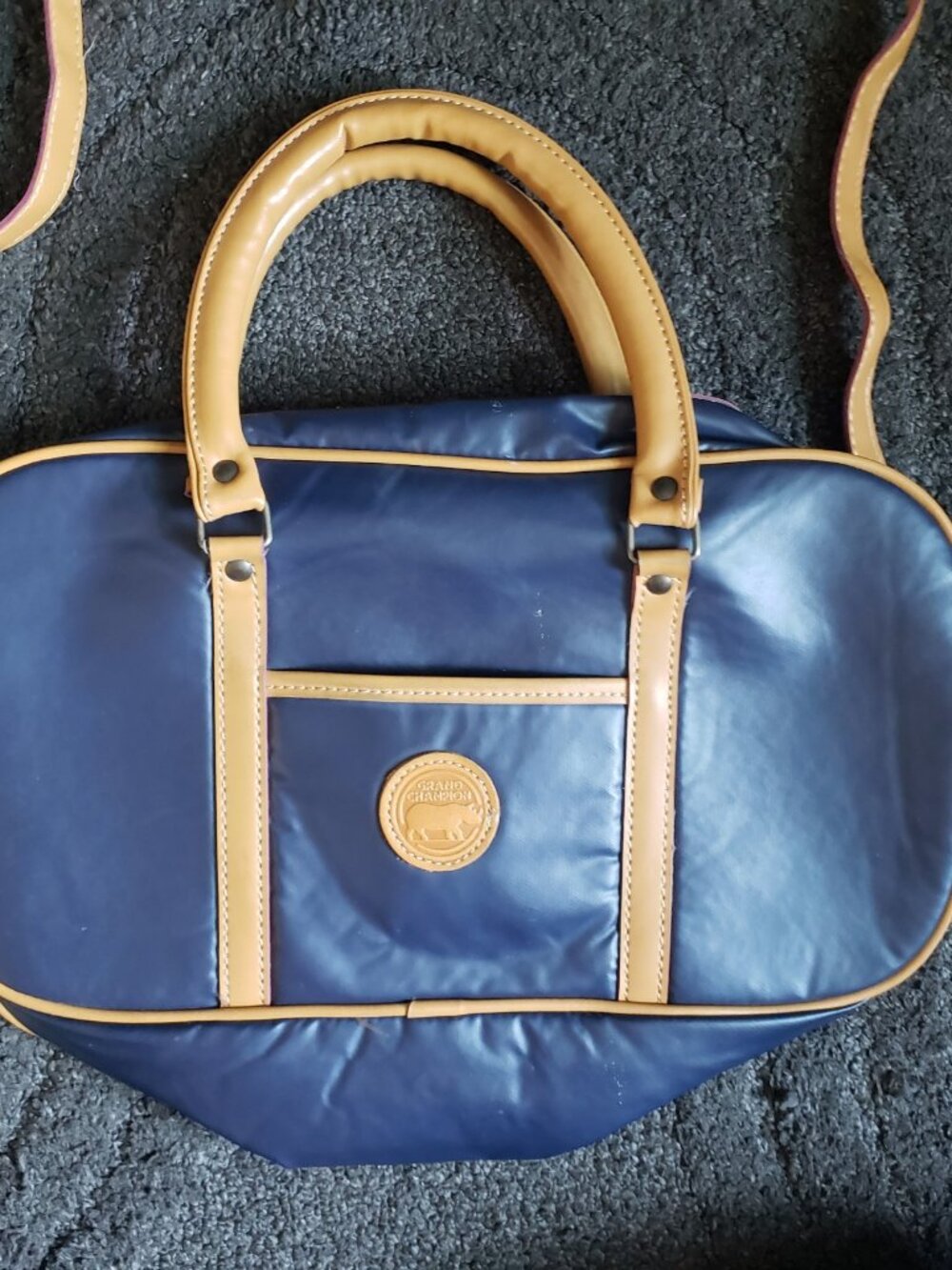 Grand Champion Blue/Tan Satchel Top Handle Bag, Double Handles, Detachable Strap